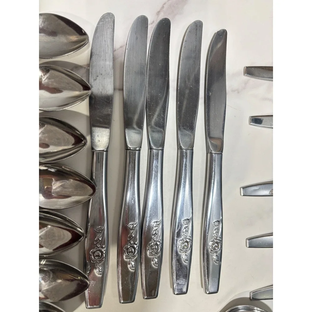 Vtg Oneida Stainless Steel Flatware Set 42pc Our Rose Floral Pattern Silverware